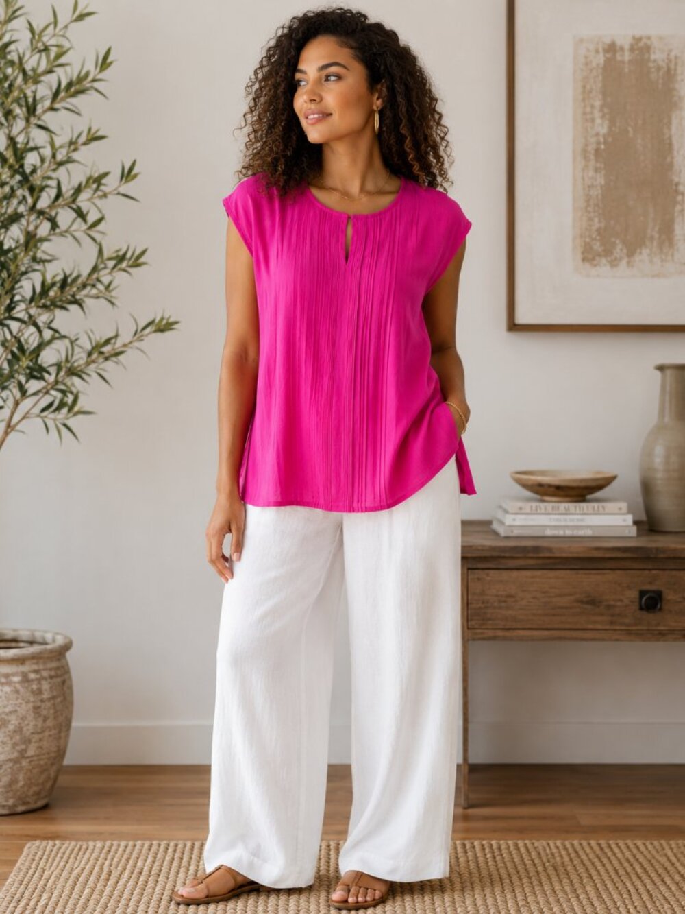 Modern Works Hot Pink Pleated Blouse Relaxed Oversized Top Size S